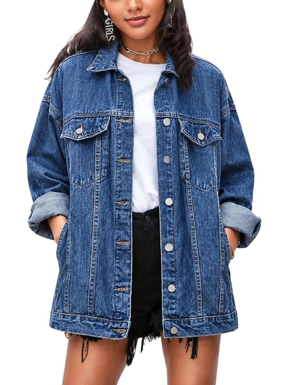 Trendy Oversized Denim Jacket for Women - Casual Mid-Length Jean Coat